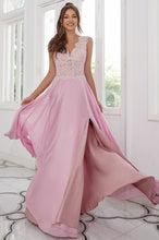 Sleeveless Lace Applique Chiffon Prom Dress with Open Back & Leg Slit