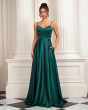 A-line Spaghetti Straps Sweep Train Satin Prom Dress With Pleated