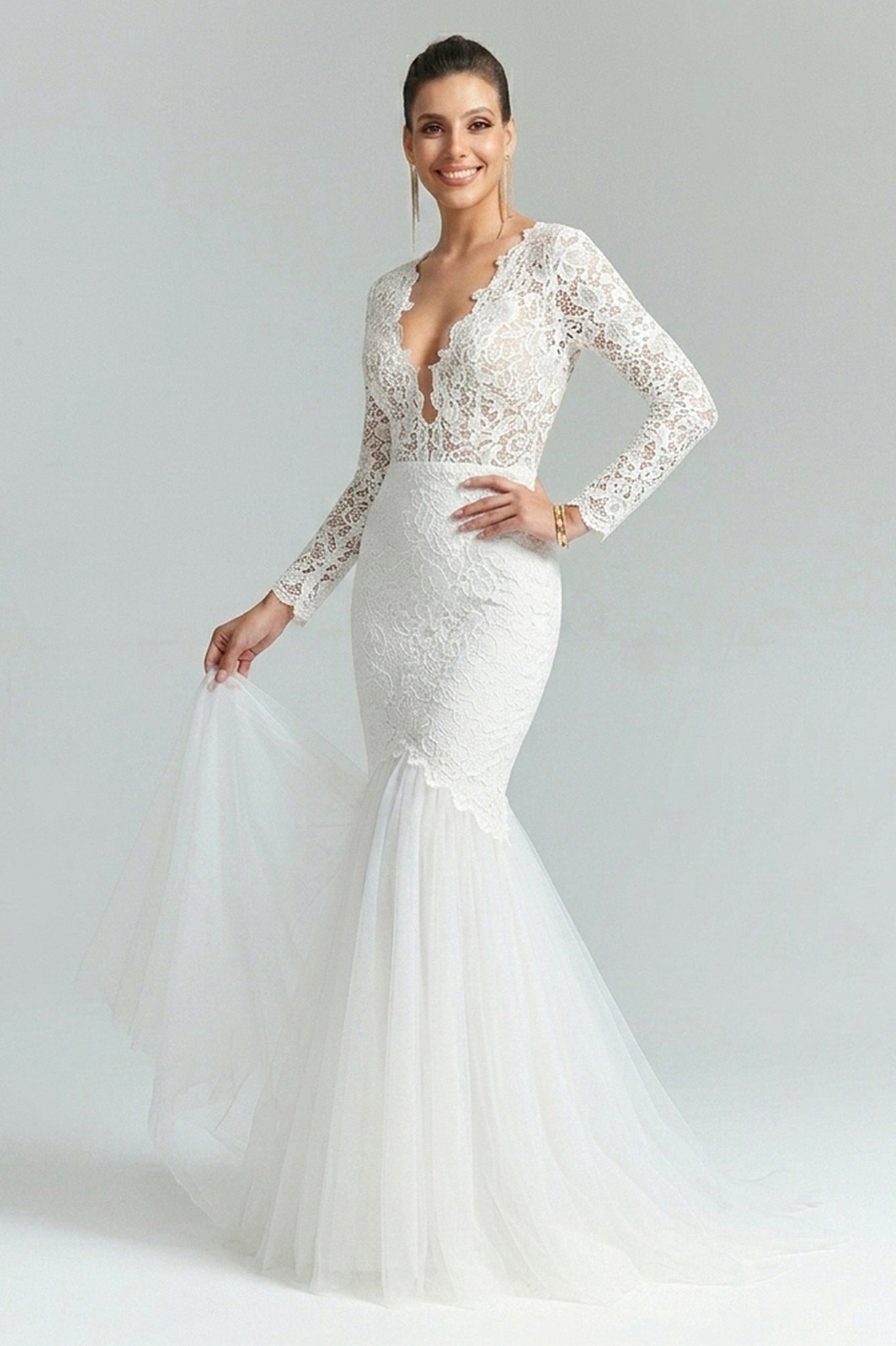 Long Sleeves V-neck Lace Boho Wedding Dress – Angrila