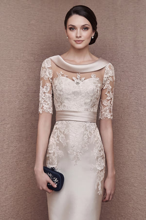 Lace-Sleeve Stretch Satin Sheath Mother of the Bride Dress