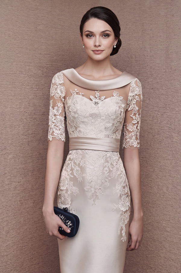 Lace-Sleeve Stretch Satin Sheath Mother of the Bride Dress