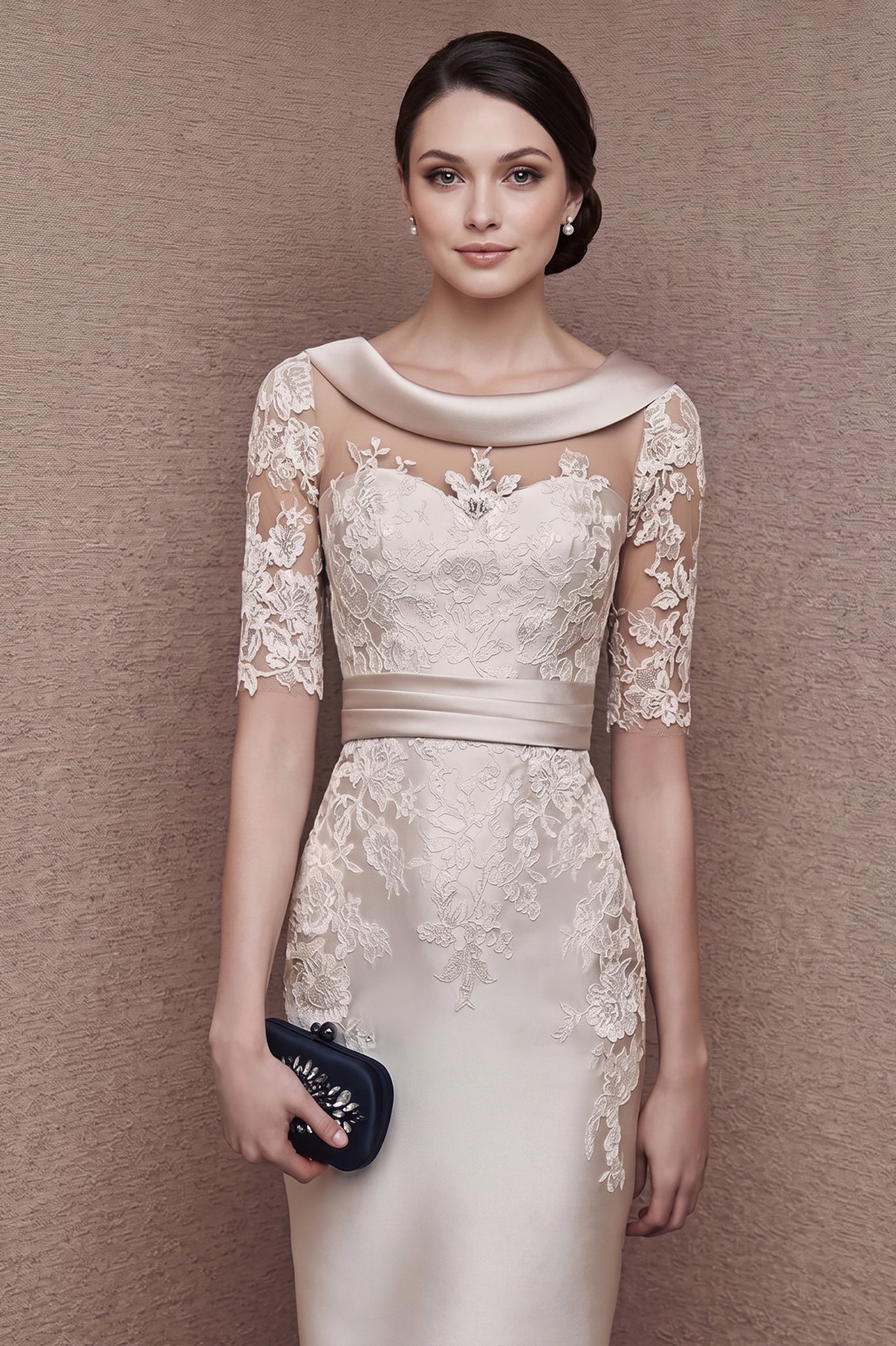 1/2 Sleeves Scoop Elastic Satin Lace Mother of The Bride Dresses with Angrila 1/2 Sleeves Scoop Elastic Satin Lace Mother of The Bride Dresses with Angrila