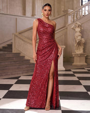 Sparkly Rose gold Sequin One Shoulder Ruched Long Prom Dress with Slit