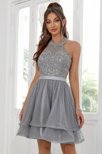 Halter Neck Lace Beaded Short Homecoming Dress A-Line Layered Tulle Cocktail Party Dress