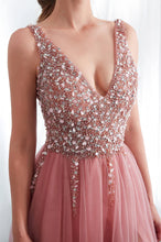 Tulle V-neck  A-line Floor-Length Sleeveless  Prom Dress With Beadings