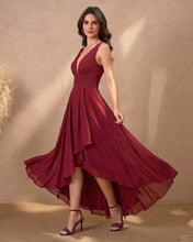 Burgundy V Neck Pleated Prom Dress High low