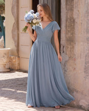 Dusty Blue A-line V Neck Long Floor-Length Chiffon Dresses