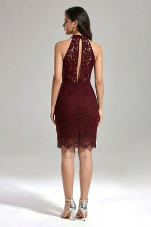 Cabernet Keyhole-Back Halter Lace Sheath Cocktail Dress with Scalloped Hem