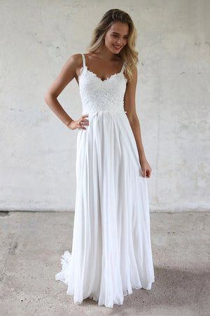 Low-Back Lace and Chiffon A-Line Wedding Dress with Slim Straps