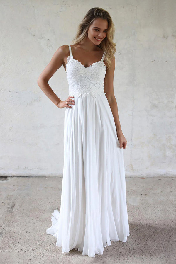 Low-Back Lace and Chiffon A-Line Wedding Dress with Slim Straps