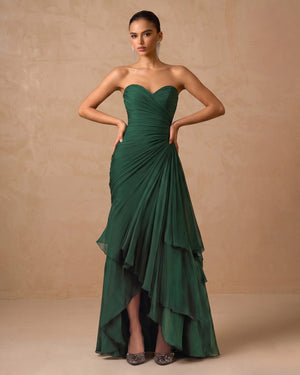 Dark Green Strapless High-Low Ruffle Chiffon Sheath Evening Dress