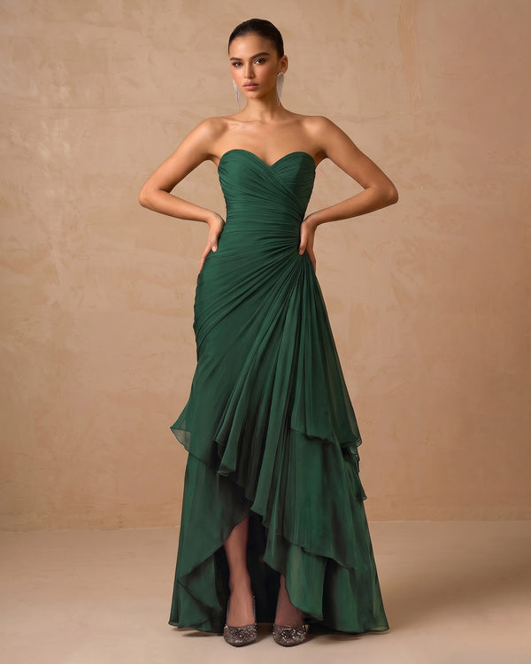 Dark Green Strapless High-Low Ruffle Chiffon Sheath Evening Dress