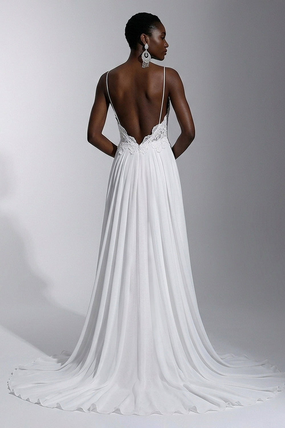 Open-Back Lace and Chiffon A-Line Wedding Dress with High Slit