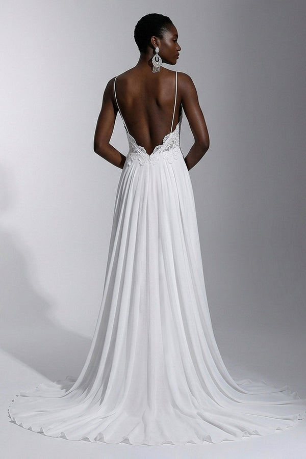Ivory Open-Back Lace and Chiffon A-Line Wedding Dress with High Slit