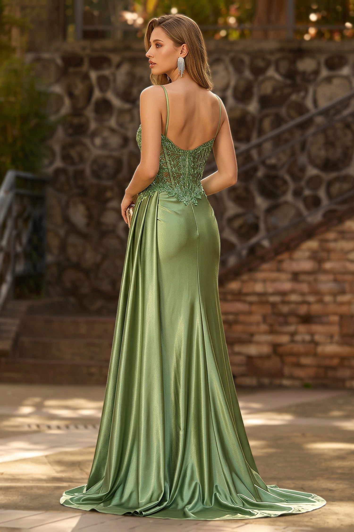 Thin-Strapped Satin Lace Appliques Slit Mermaid Prom Evening Dress