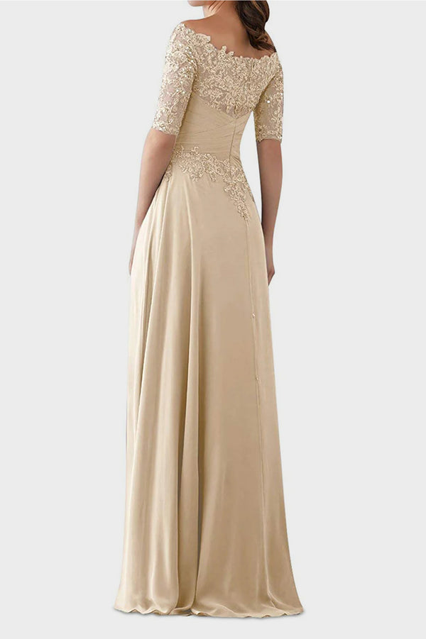Champagne Off-the-Shoulder Lace and Chiffon Mother of the Bride Gown