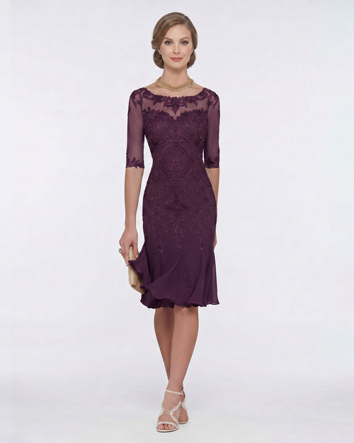 Half-Sleeve Lace Sheath Mother of the Bride Dress with Chiffon Ruffle Hem