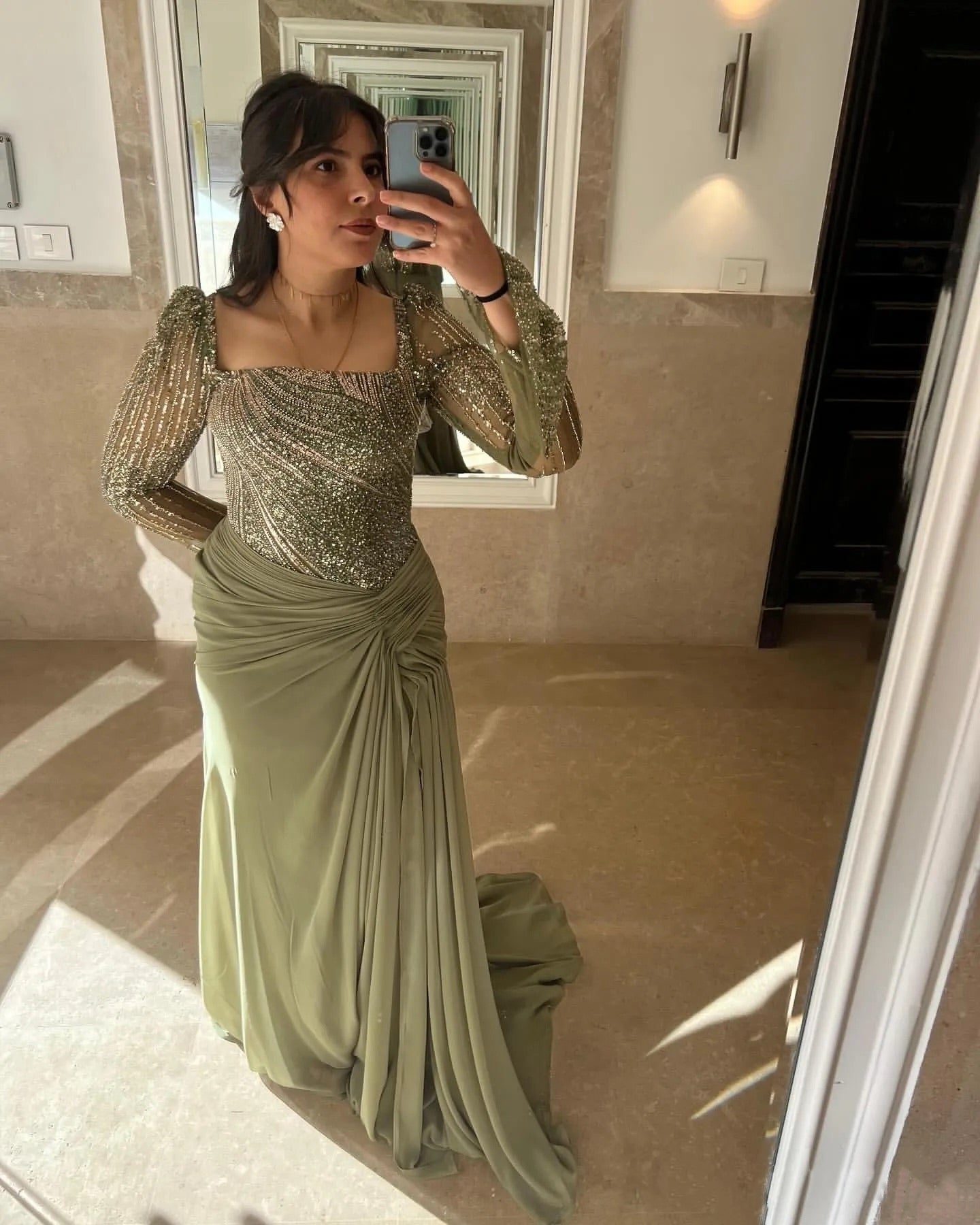 Long Chiffon Sequined Long-Sleeved Evening Gown