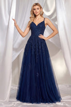 Navy Blue A-Line V-neck Floor-Length Chiffon Prom Dresses With Lace Sequins