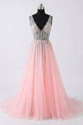 Blushing Pink Sequin and Tulle A-Line Prom Dress with V-Back and High Slit