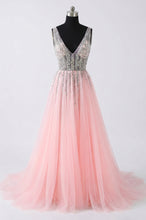 V-Neck Sequined Bodice Tulle Prom Dresses with Slit