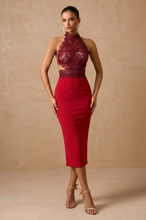 Red Illusion-Back Halter Lace and Matte Satin Sheath Cocktail Dress