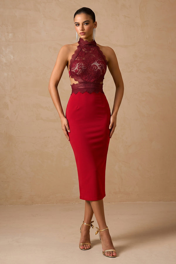 Red Illusion-Back Halter Lace and Matte Satin Sheath Cocktail Dress