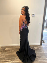 V-neck Spaghetti Straps Side Slit Appliqued Black Prom/Evening Dress