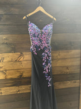 V-neck Spaghetti Straps Side Slit Appliqued Black Prom/Evening Dress