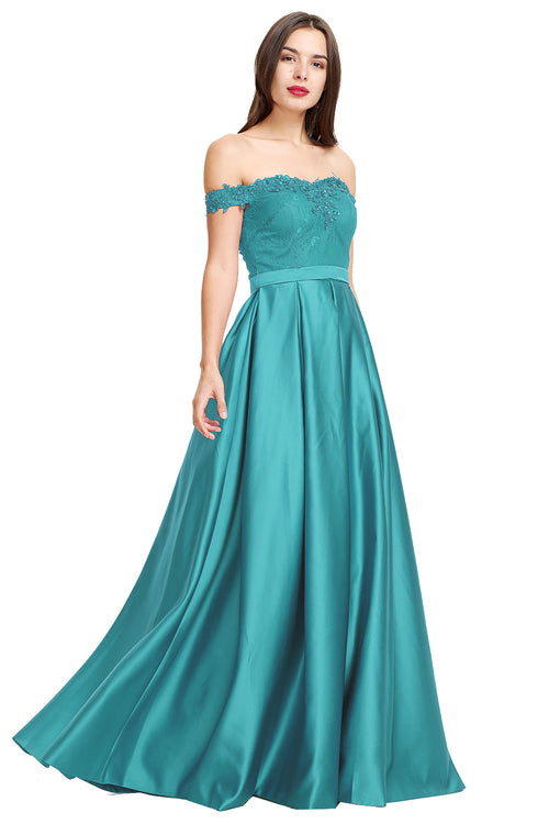 Aquamarine Pleated Off-the-Shoulder Lace and Satin A-Line Prom Dress