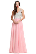 Ivory-Blushing Pink Low-Back Beaded V-Neck Chiffon A-Line Prom Dress