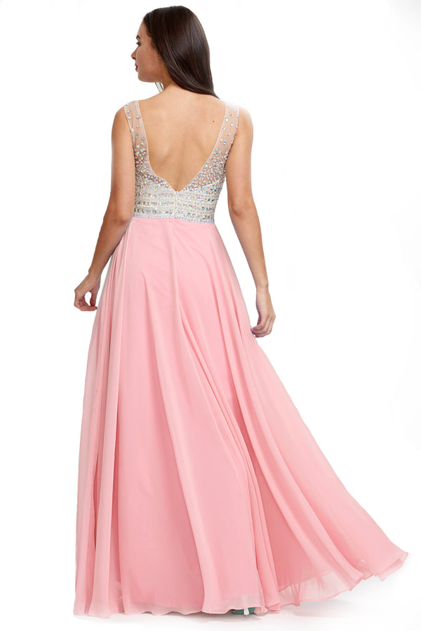 Ivory-Blushing Pink Low-Back Beaded V-Neck Chiffon A-Line Prom Dress