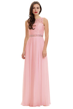 Pink Lace and Chiffon A-Line Bridesmaid Dress with Illusion Neckline