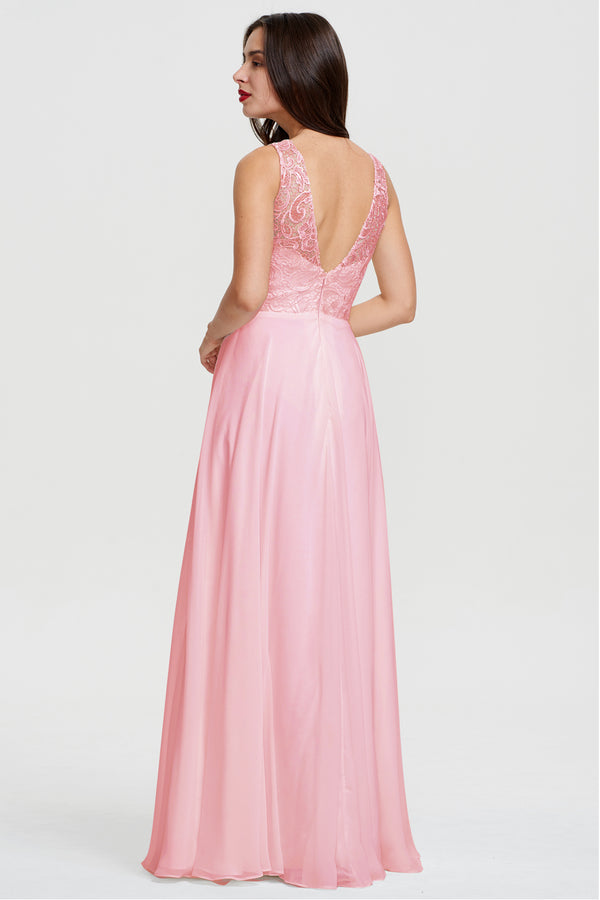 Pink Lace and Chiffon A-Line Bridesmaid Dress with Illusion Neckline