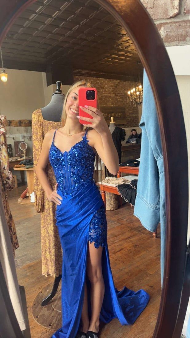 Blue Sheath V-neck Lace Appliques Satin Slit Mermaid Prom Dress