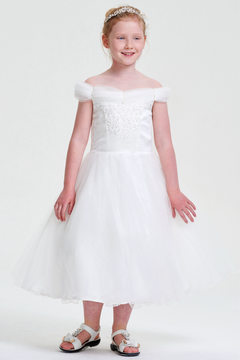 Ivory Off-the-Shoulder Tulle A-Line Flower Girl Dress with Floral Bodice