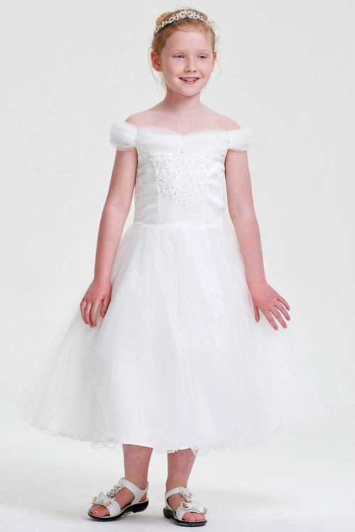 Ivory Off-the-Shoulder Tulle A-Line Flower Girl Dress with Floral Bodice