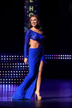 One-Shoulder Sparkly Beaded High-Slit Chiffon Blue Prom Dresses