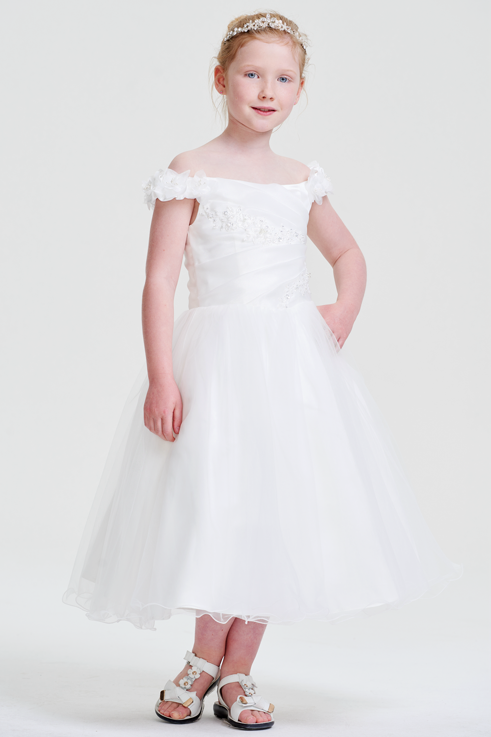 White Organza Off Shoulder Corset lace - up Beaded Flower Girl Dress