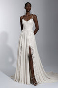 Ivory Open-Back Lace and Chiffon A-Line Wedding Dress with High Slit