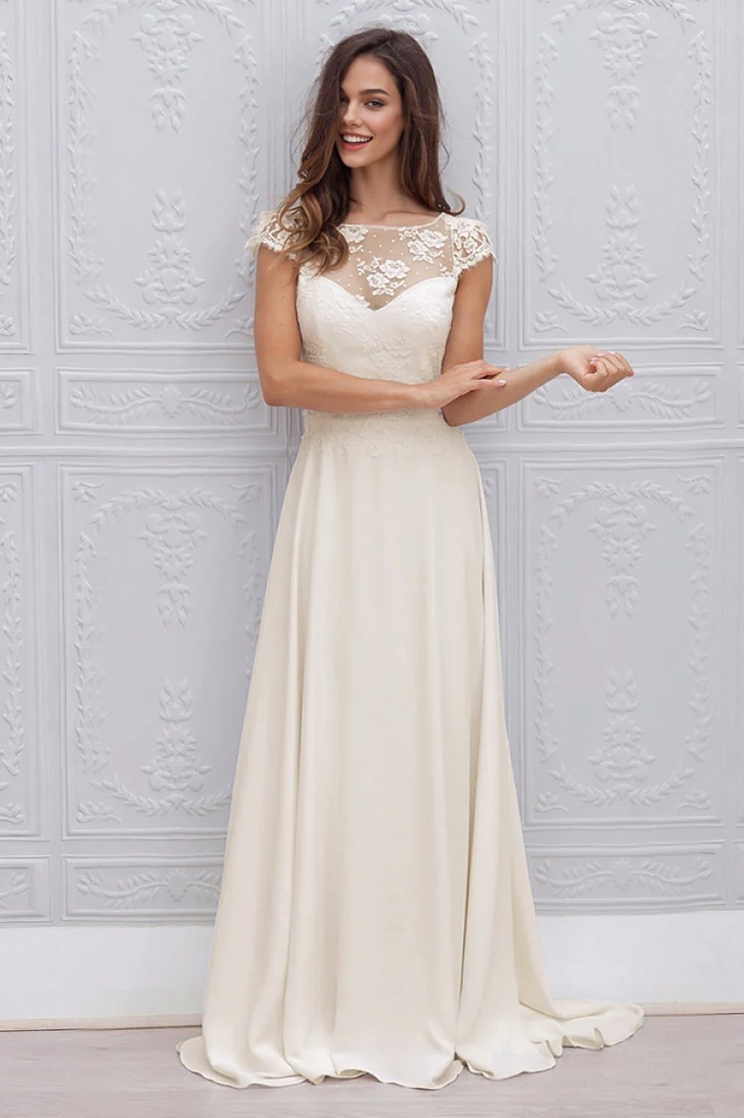 Stunning A-line Spaghetti Straps Split Lace Boho Long Beach Wedding Dr   Angrila