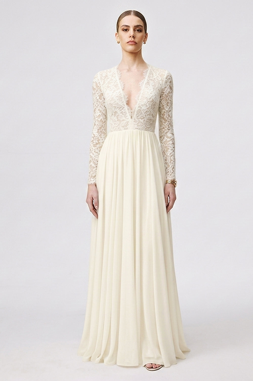 Open-Back Long-Sleeve Lace and Chiffon A-Line Wedding Dress