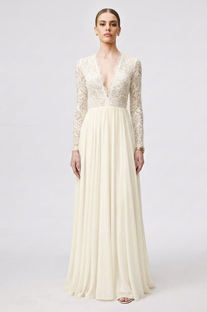 Open-Back Long-Sleeve Lace and Chiffon A-Line Wedding Dress