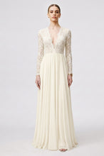 A-line Deep V-neck Full/Long Sleeves Open Back Long Lace Chiffon Wedding Dresses