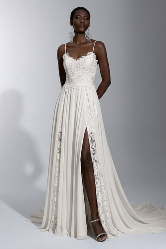 Stunning A-line Spaghetti Straps Split Lace Boho Long Beach Wedding Dr –  Angrila