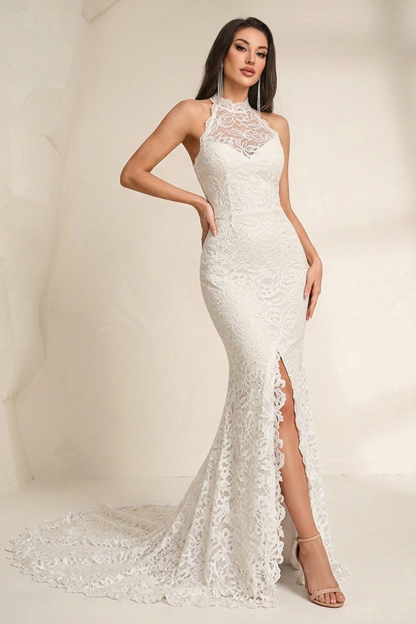 High Neck Sheath/Column Backless Lace Boho Wedding Dress with Long Tra Angrila High Neck Sheath/Column Backless Lace Boho Wedding Dress with Long Tra Angrila