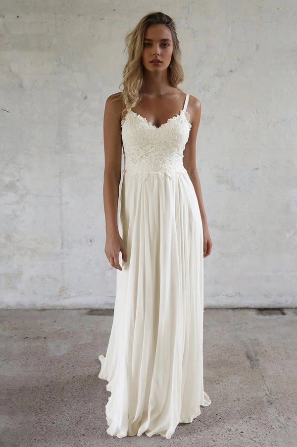 Low-Back Lace and Chiffon A-Line Wedding Dress with Slim Straps