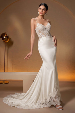 Champagne Stretch Satin Mermaid Wedding Dress with Lace Bodice and Scalloped Train