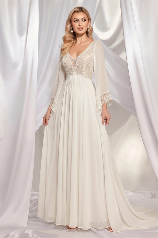 White Boho Bell-Sleeve Lace and Chiffon A-Line Wedding Dress