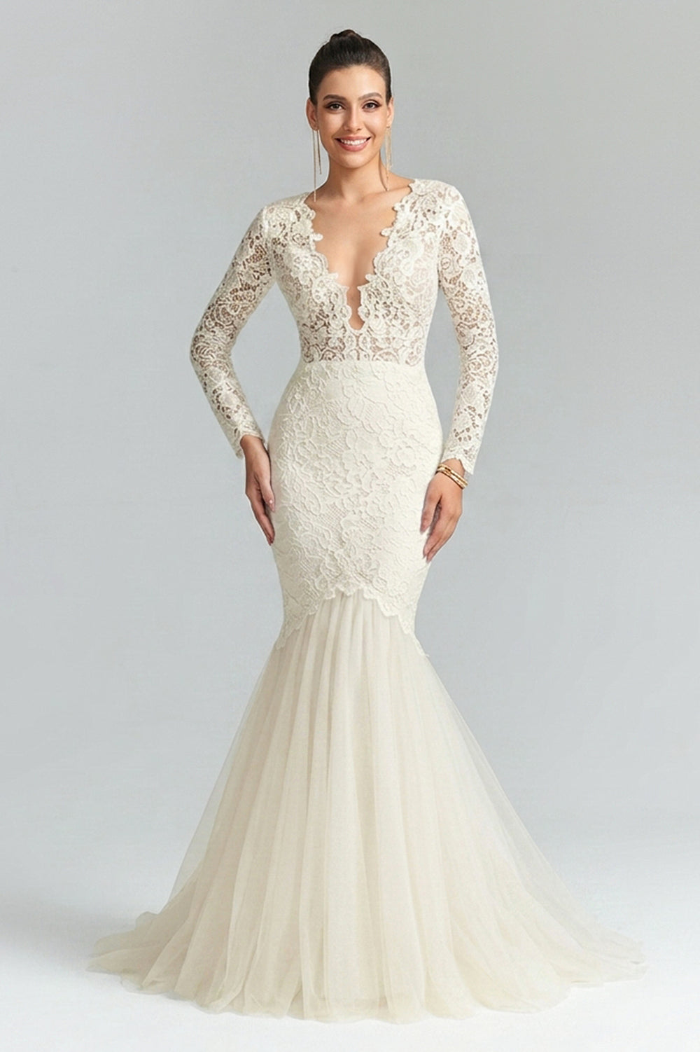 Long-Sleeve Plunging Lace Mermaid Wedding Dress